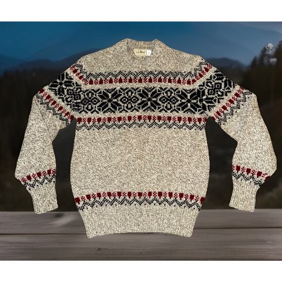 VTG L.L. Bean Size Mens Small Grey Beige Nordic Red Blue Wool Blend Sweater 80s - Picture 1 of 6